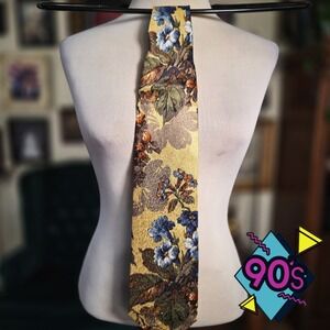 Structure Silk Tie Vintage 90s Mens Yellow Blue Floral Pattern Necktie USA Made